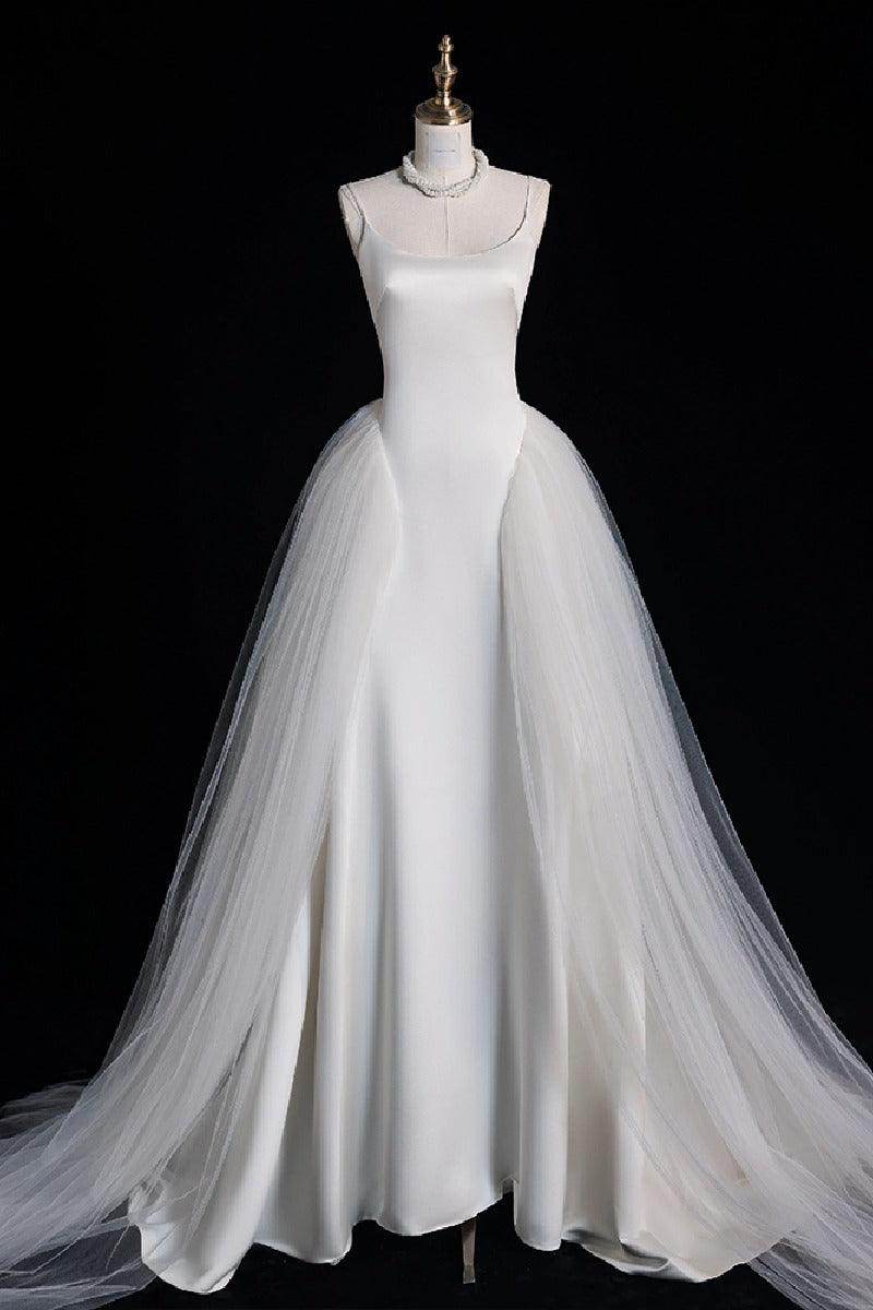 A-Line Sweep-Brush Train Satin Tulle Wedding Dress 735531201362 - COCOMELODY